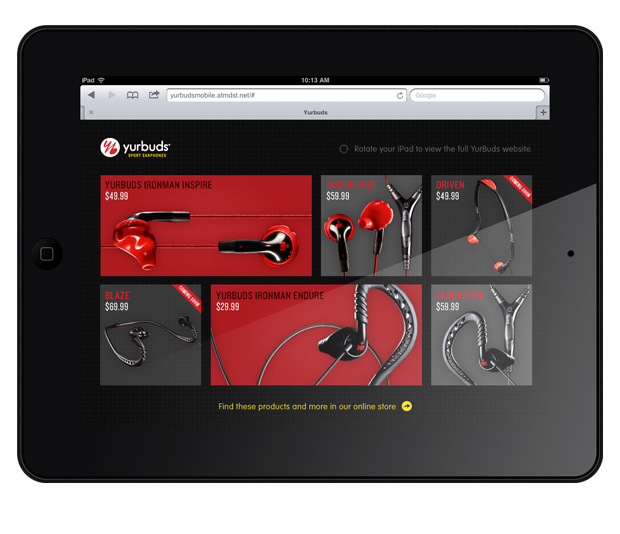 Yurbuds Mobile iPad website design on an iPad