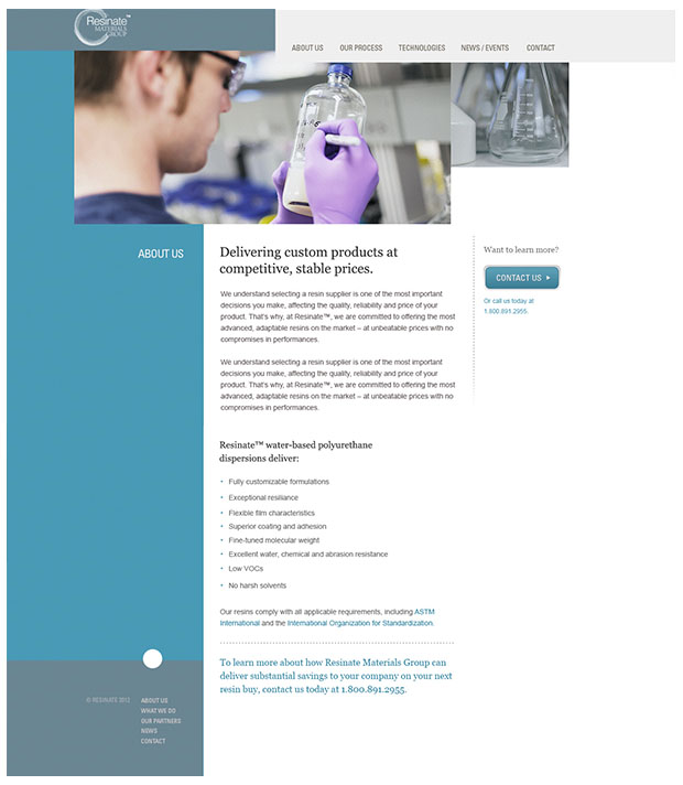 Inner page for the Resinate Materials Group website design