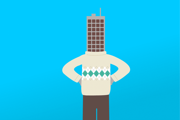 Illustration of person with a building for a head. (Or a building with the body of a person)