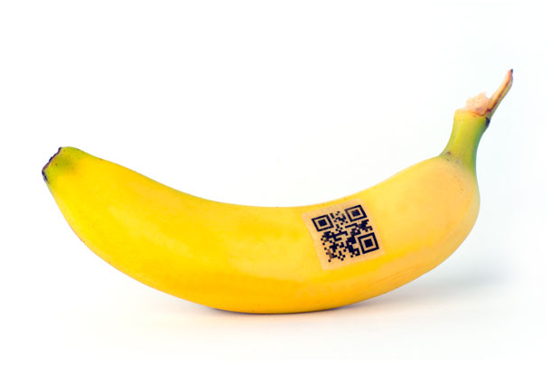Banana with a QR code sticker