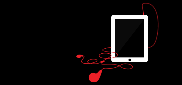 Illustration of an iPad with red earbud headphones attached.