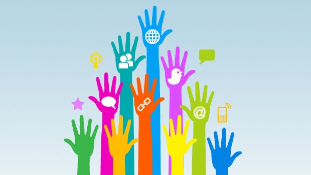 Illustration of raised hands with social media icons