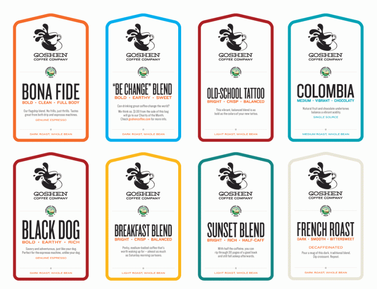 The label designs for Goshen Coffee