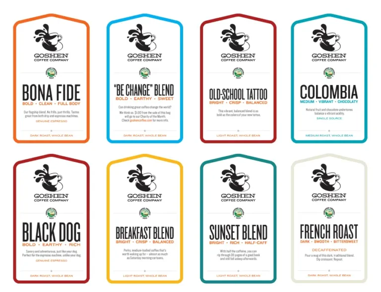 The label designs for Goshen Coffee