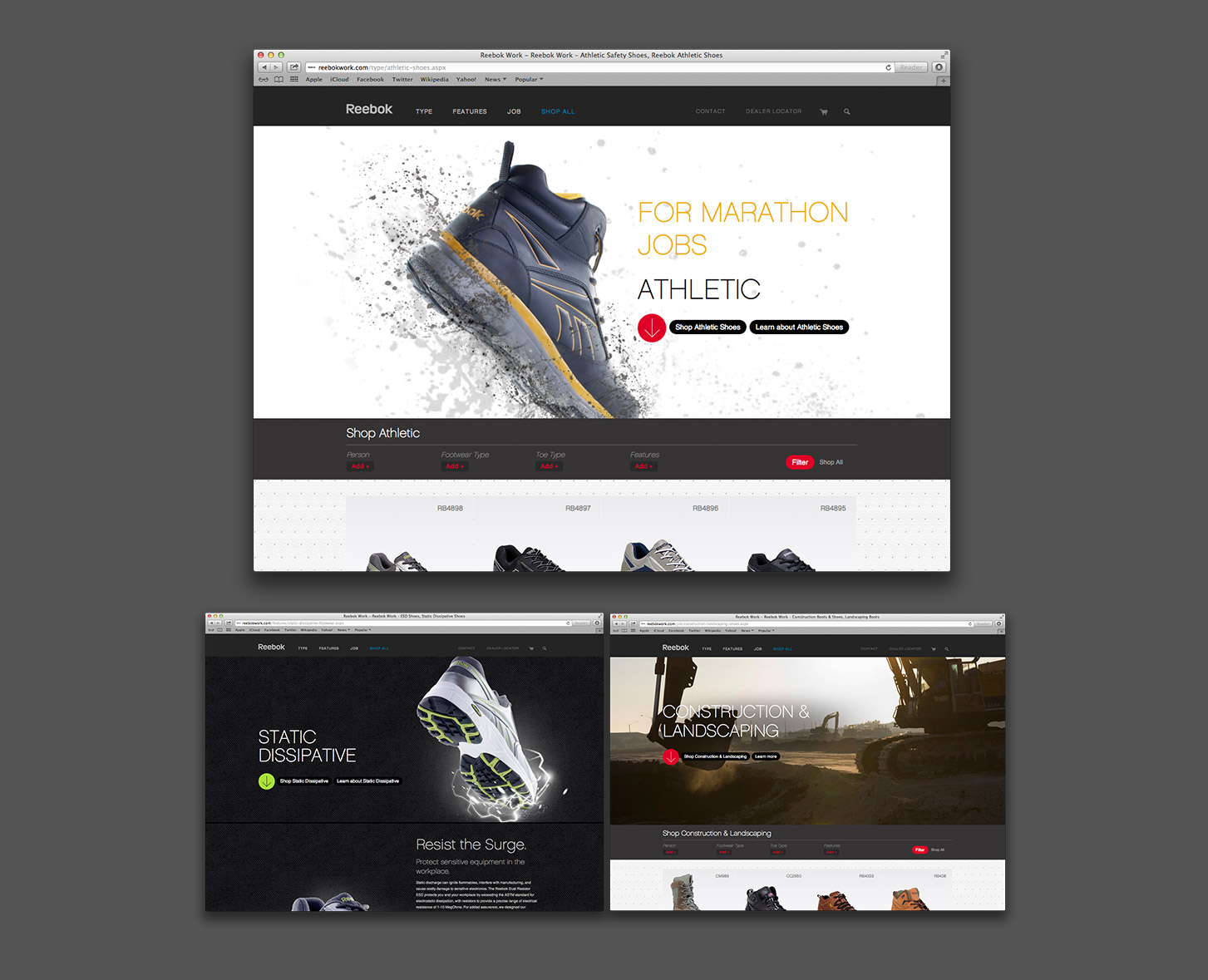 Product pages designs for the Reebok Work Website