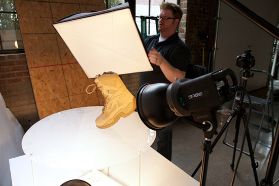 Photographer Taylor Dixson hangs Reebok Work Footwear on strings to simulate action