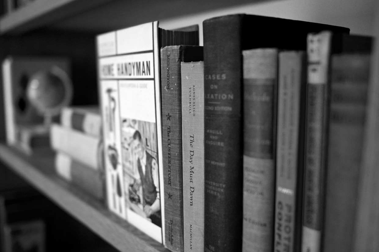 Books on a bookshelf inside Atomicdust