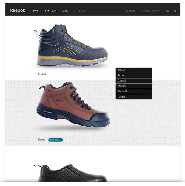 The product category pages for the Reebok Work Website Design