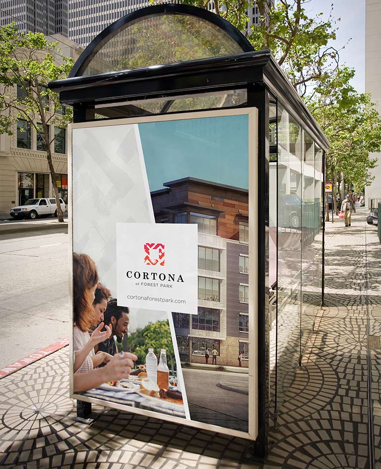 Cortona at Forest Park - Bus Shelter brand expression