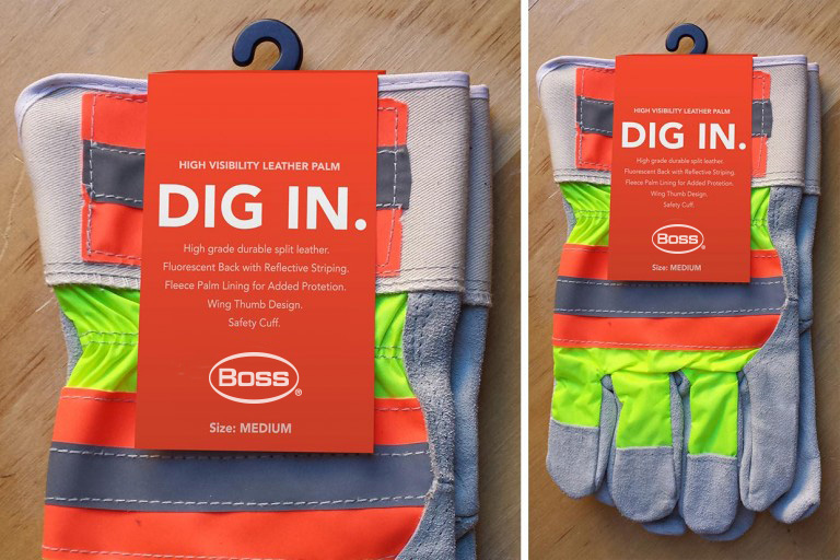 Dig In - Packaging tag design for Boss Gloves