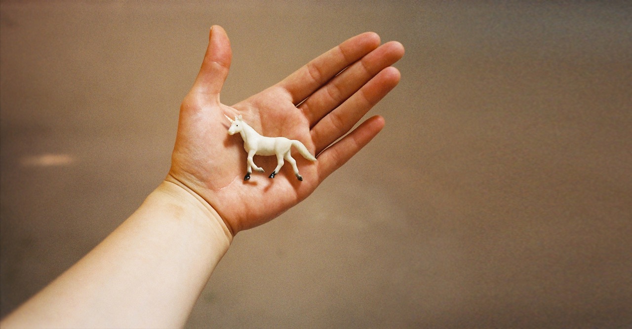 Hand holding a small toy unicorn
