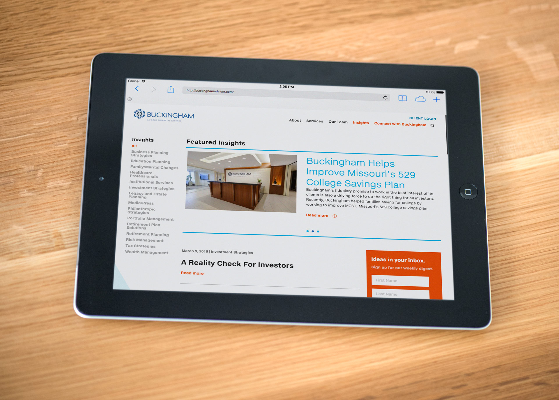 Website Design on an iPad for Buckingham Wealth Management