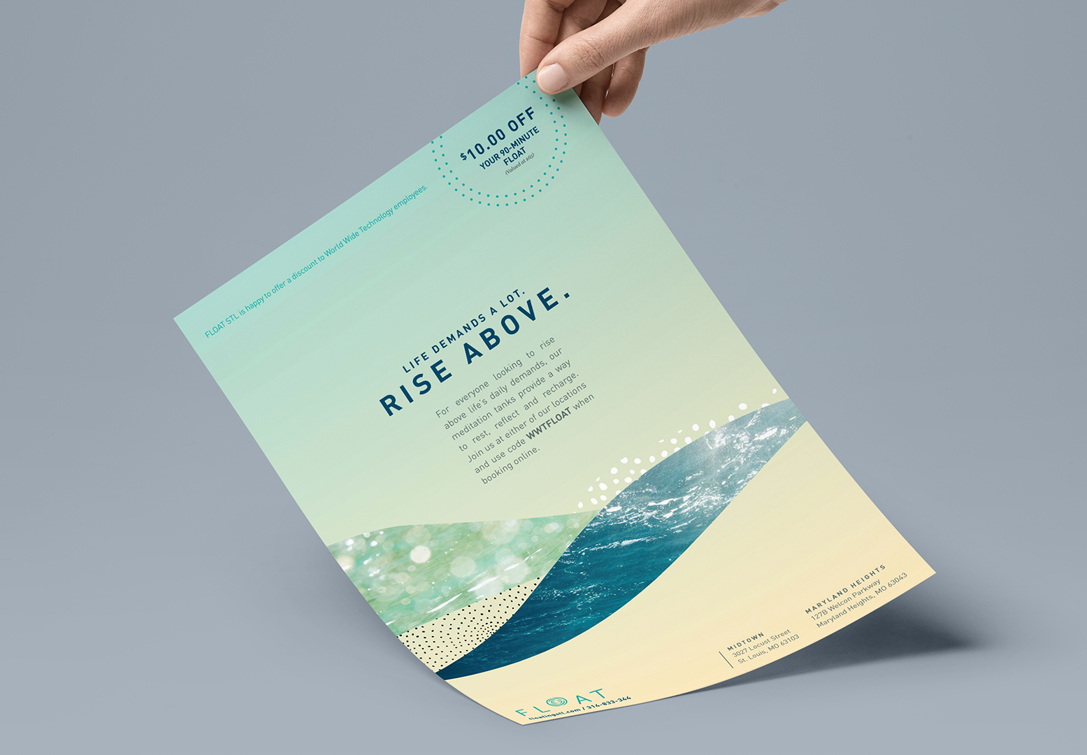 Person holding marketing sheets for FLOAT STL designed as part of their brand identity