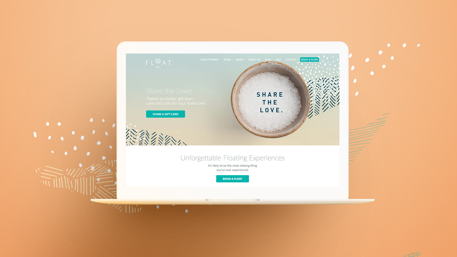 FLOAT STL website design on a laptop and brand elements on an orange background 