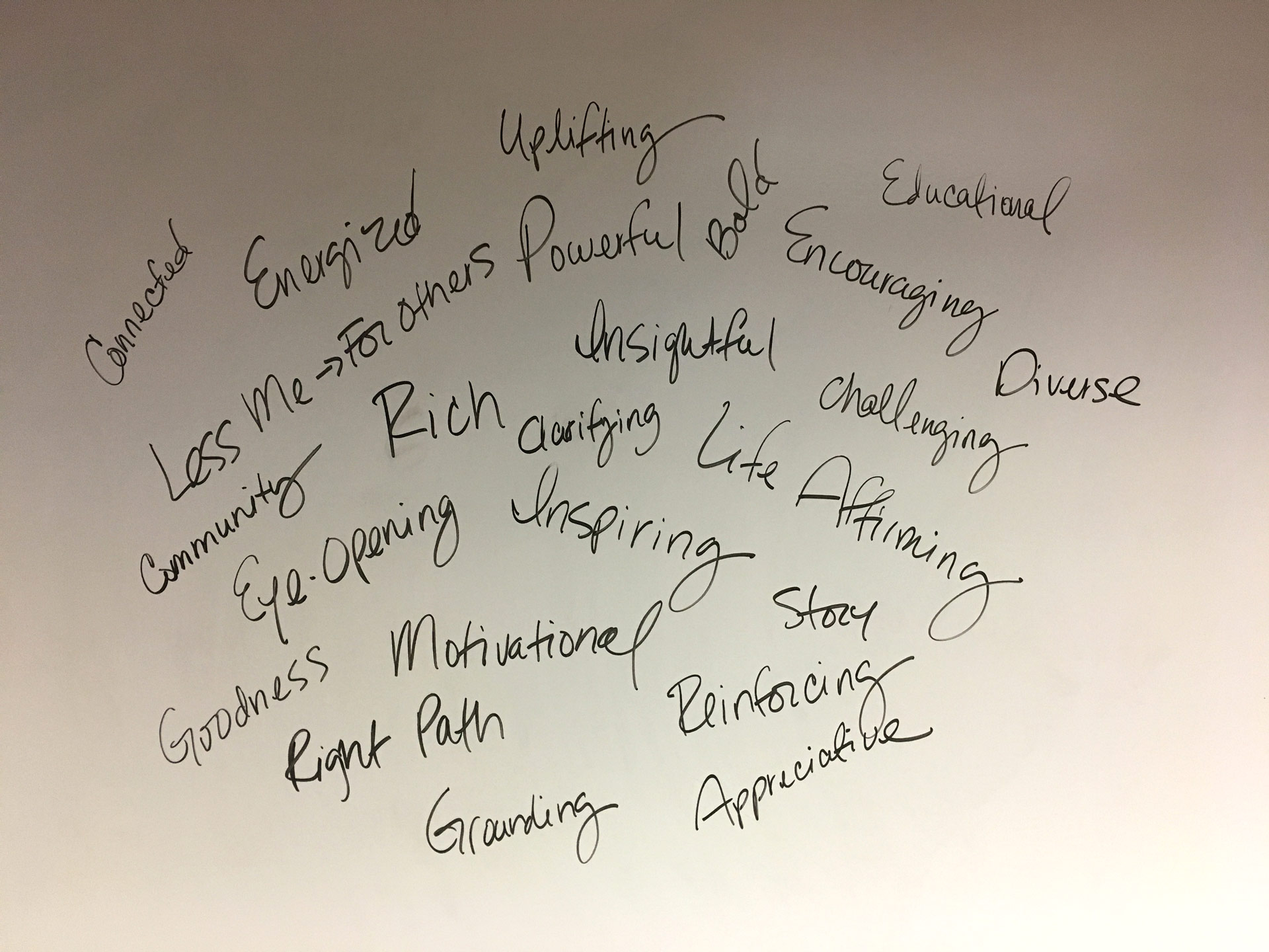 Hand written words on a whiteboard used to create the Berry Wehmiller Leadership Institute brand language