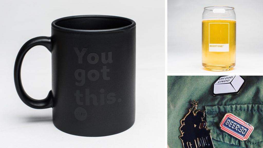 Branded coffee cups, beertone glasses, and custom enamel pins created for St. Louis Design Week