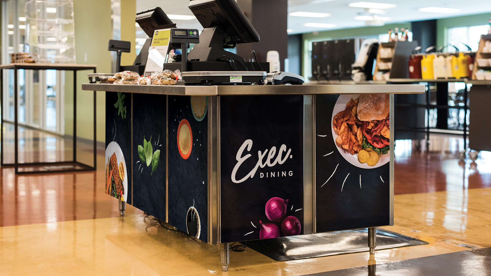 We designed custom branded kiosks for Executive Dining 