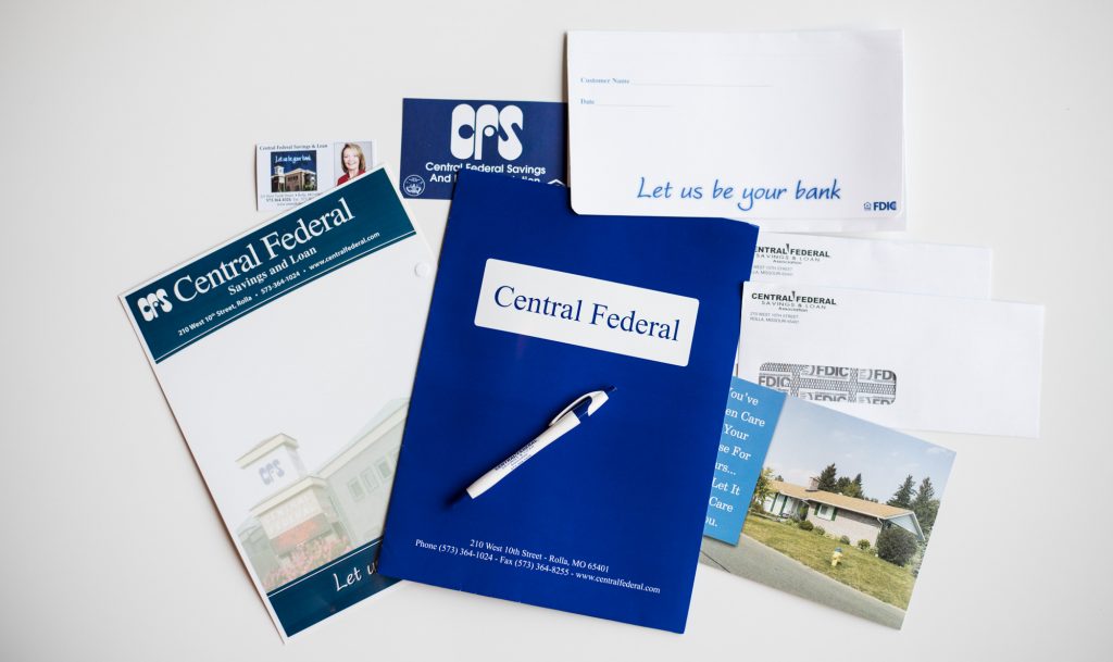 The previous Central Federal branding and logo design on a variety of printed marketing materials.