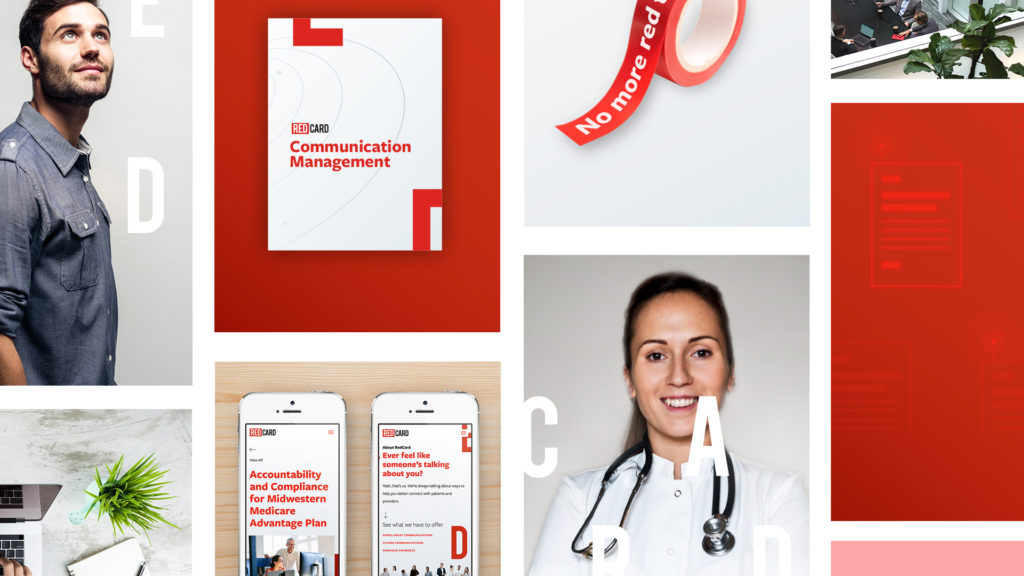 Elements of the new RedCard branding. Mobile websites, photography style, and marketing materials.
