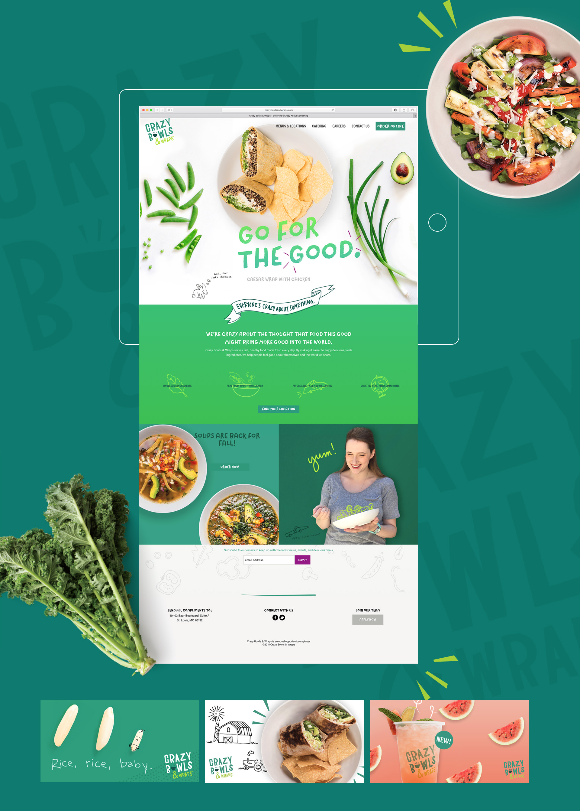 Crazy Bowls and Wraps Restaurant Website Homepage Design and Social Graphics