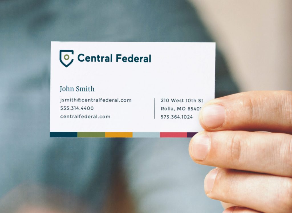 The new design for the Central Federal business cards reflect the updated branding.