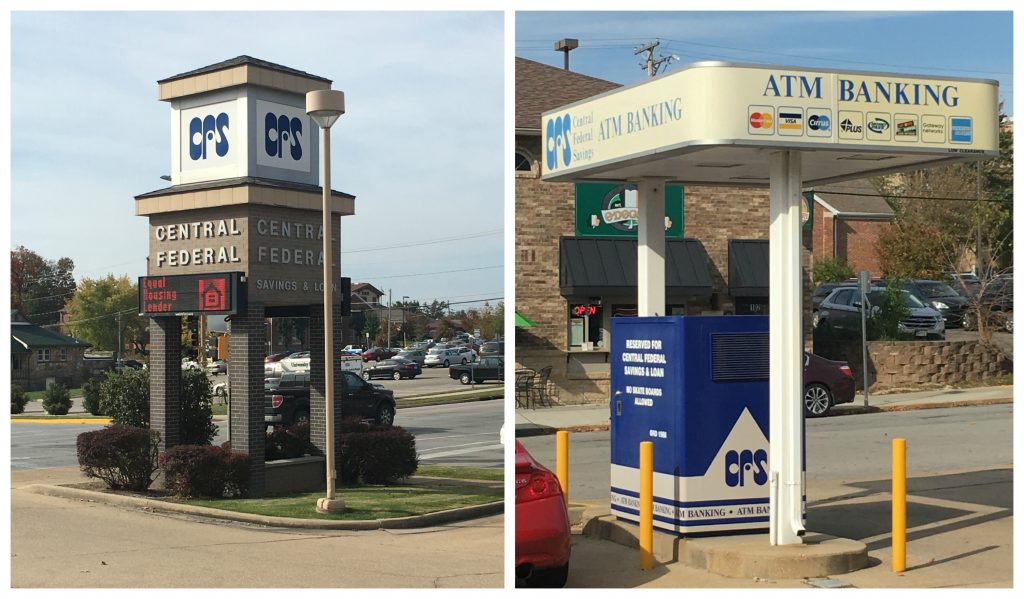 The previous Central Federal branding and logo design on exterior signage