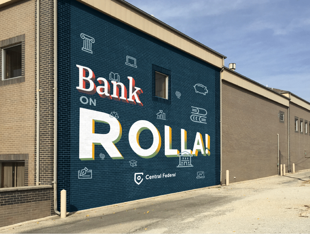 The new Central Federal branding and design on a mural, painted on the side of the building.