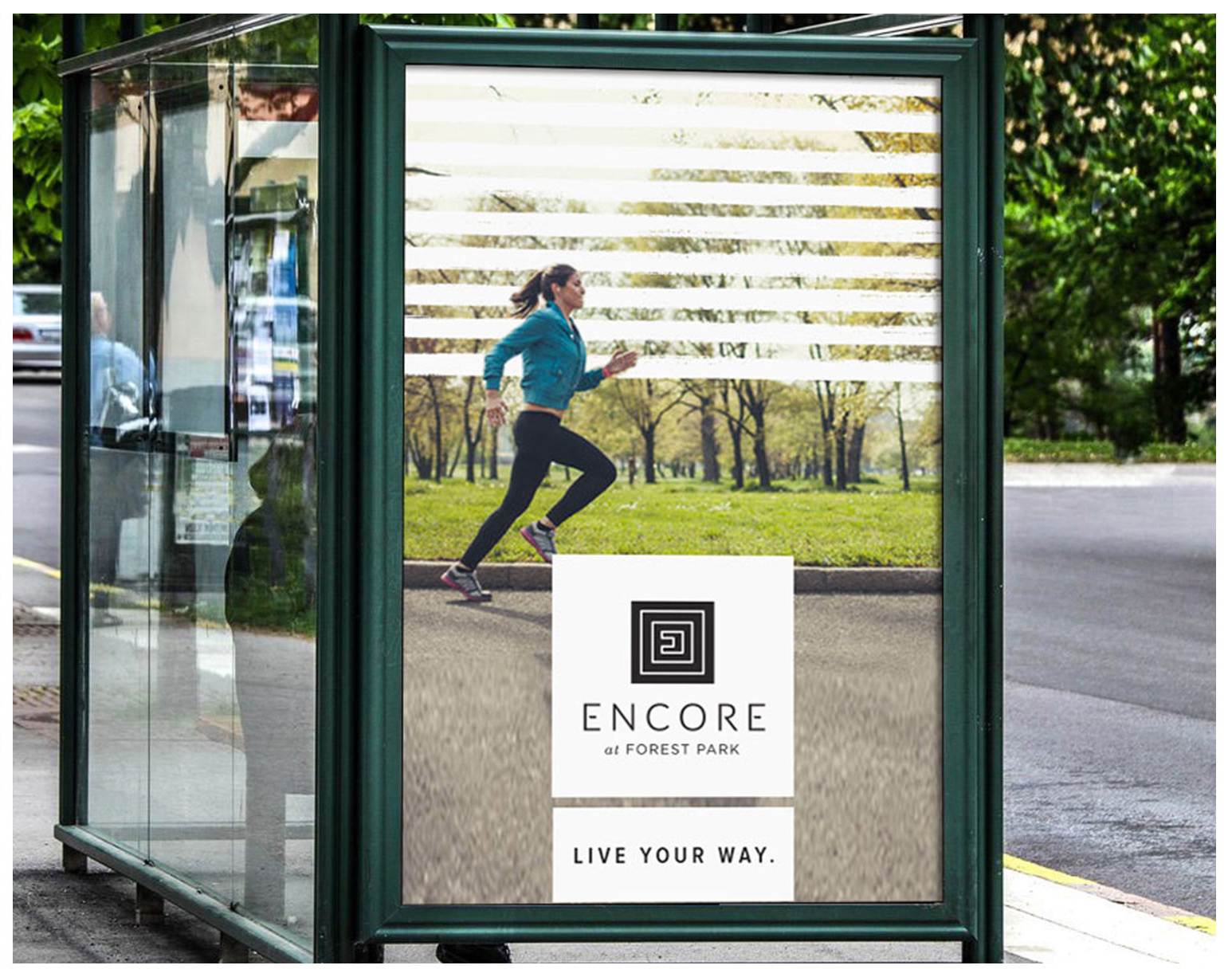  Encore at Forest Park bus shelter ad design