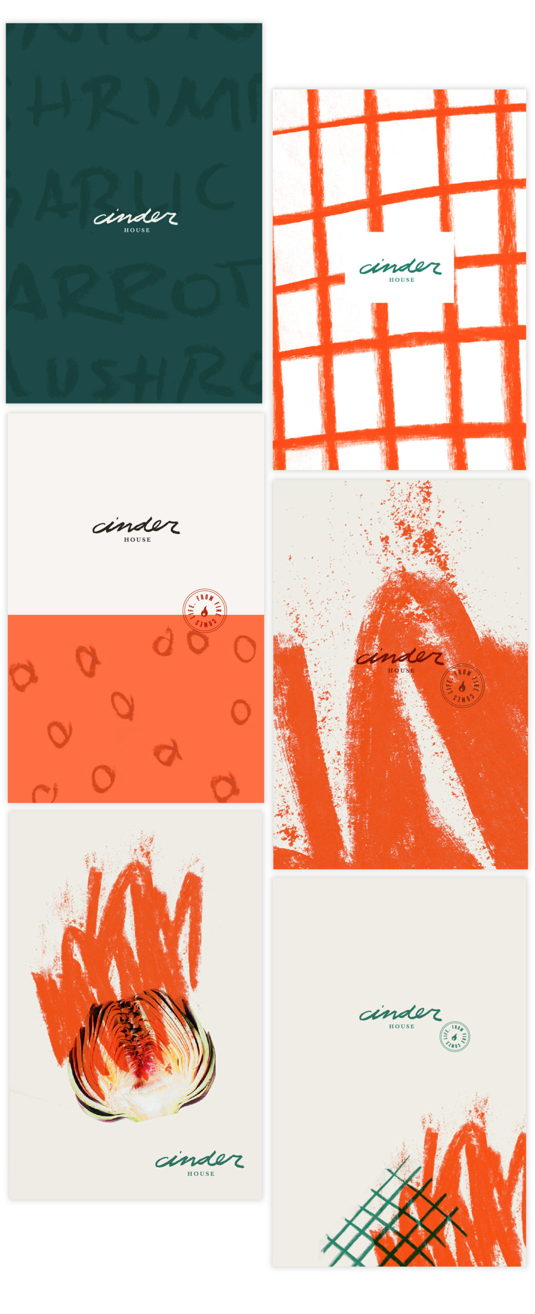 Cinder House menu design concepts using charcoal sketches