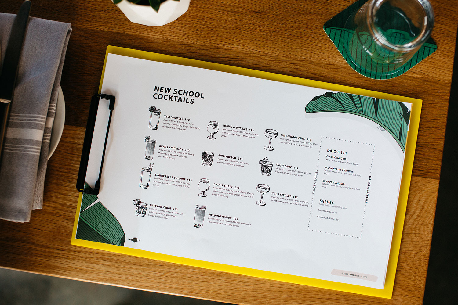 Yellowbelly cocktail menu and drink illustrations