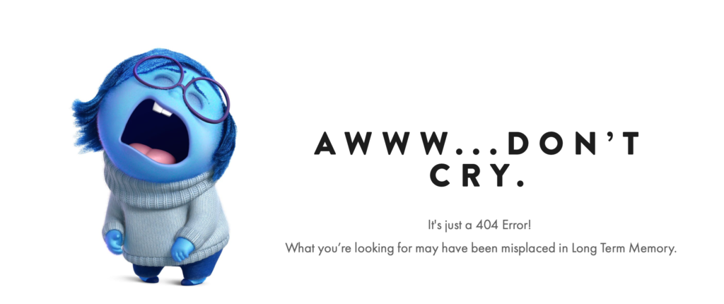 Pixar 404 message with Sadness from the movie Inside Out