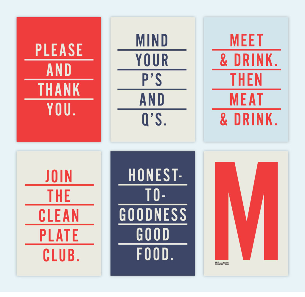 The Midwestern posters show brand language like "Honest to Goodness Good Food" and "Join the Clean Plate Club