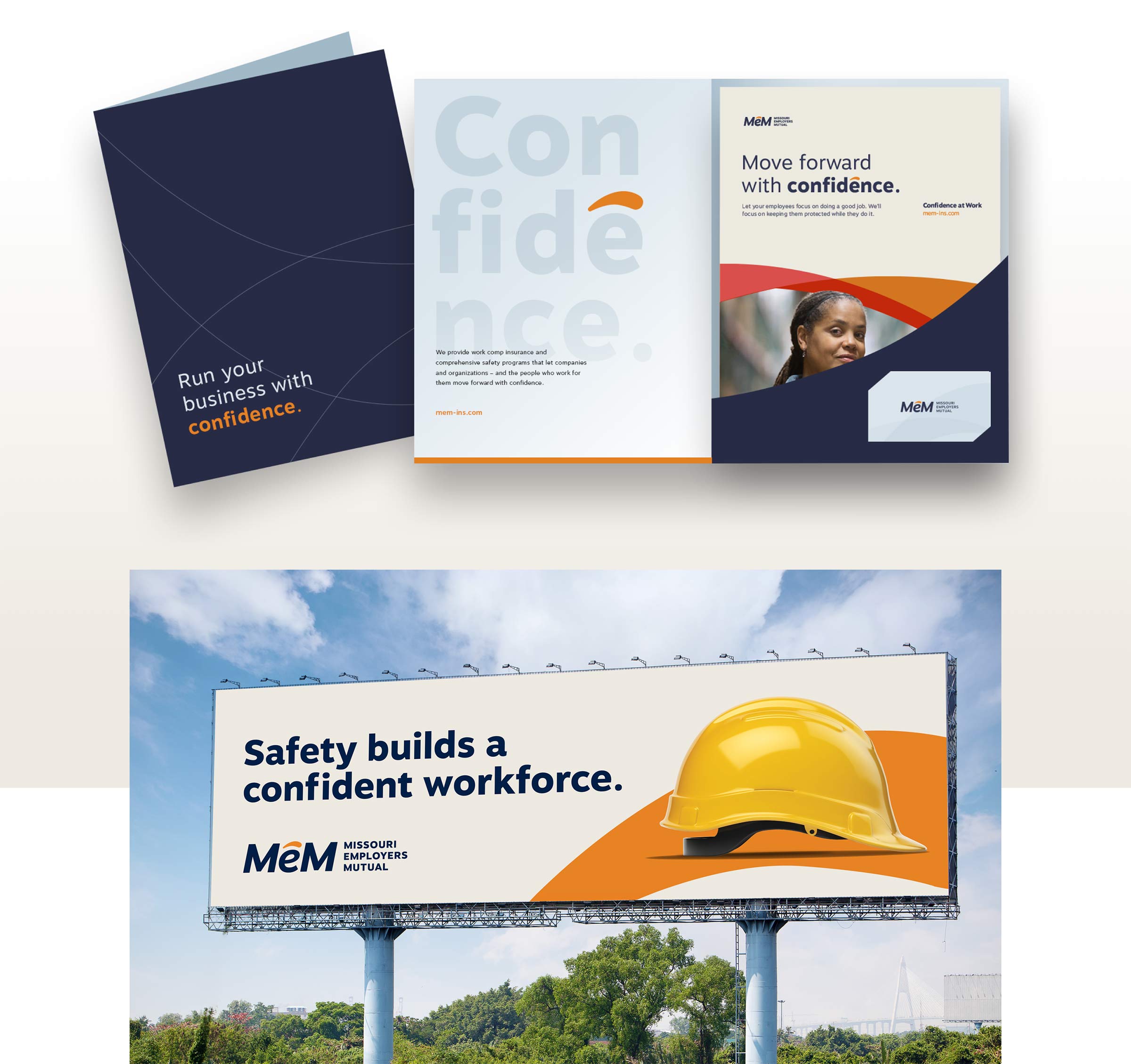 MeM Insurance - branding client folder and advertisement billboard