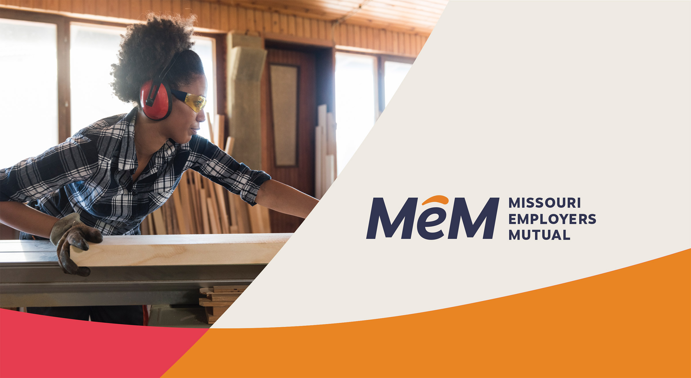MeM - Insurance branding logo and photo of woman with band saw
