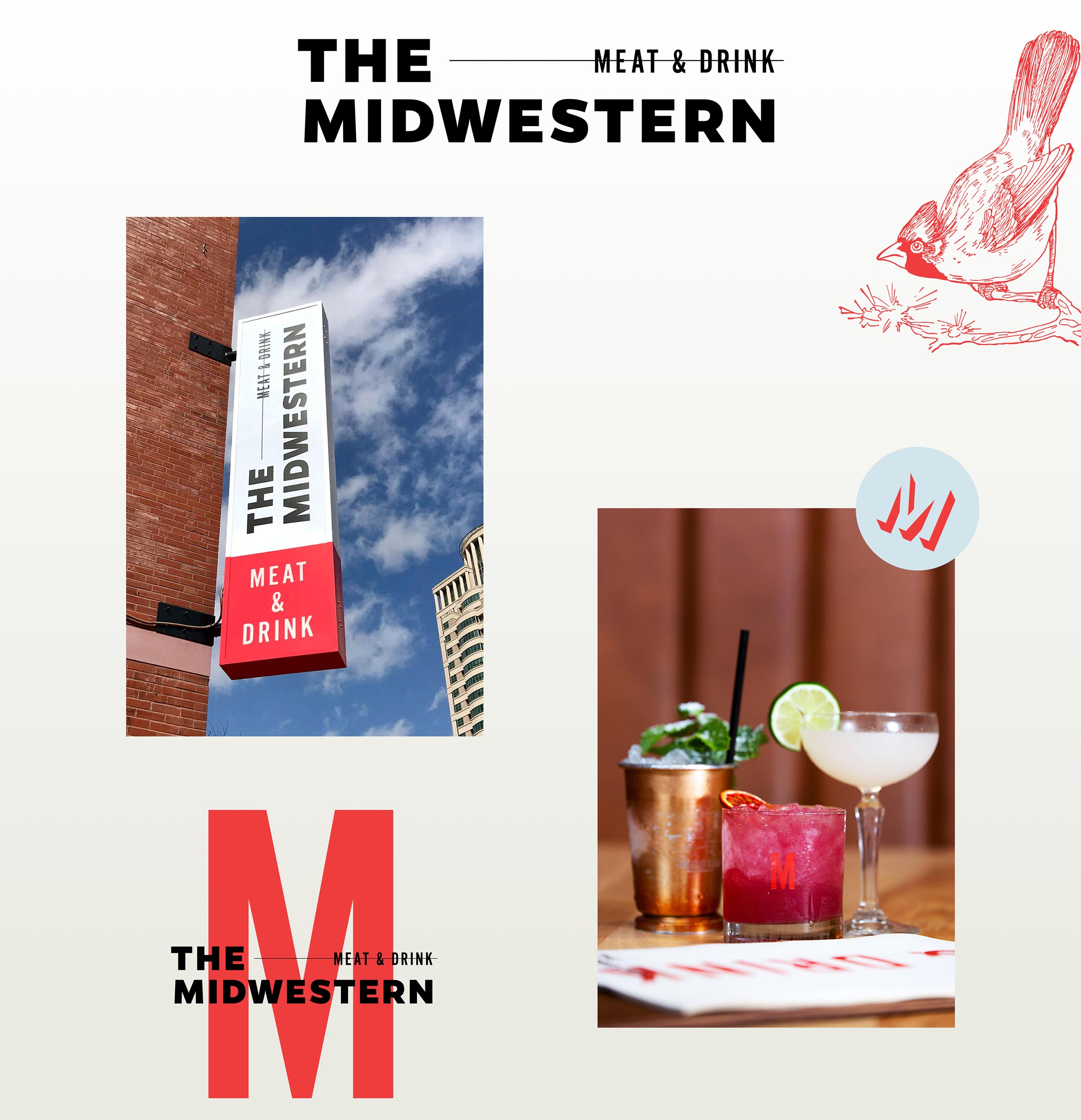 Midwestern - Restaurant branding logos, outdoor blade sign, cocktail glasses