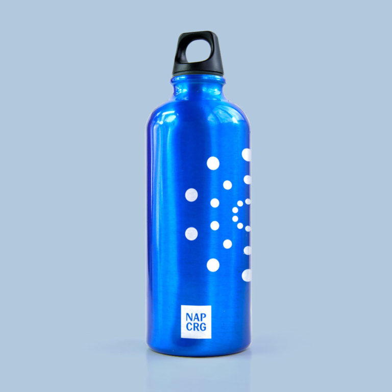Visual branding with NAPCRG logo and brand mark on water bottle