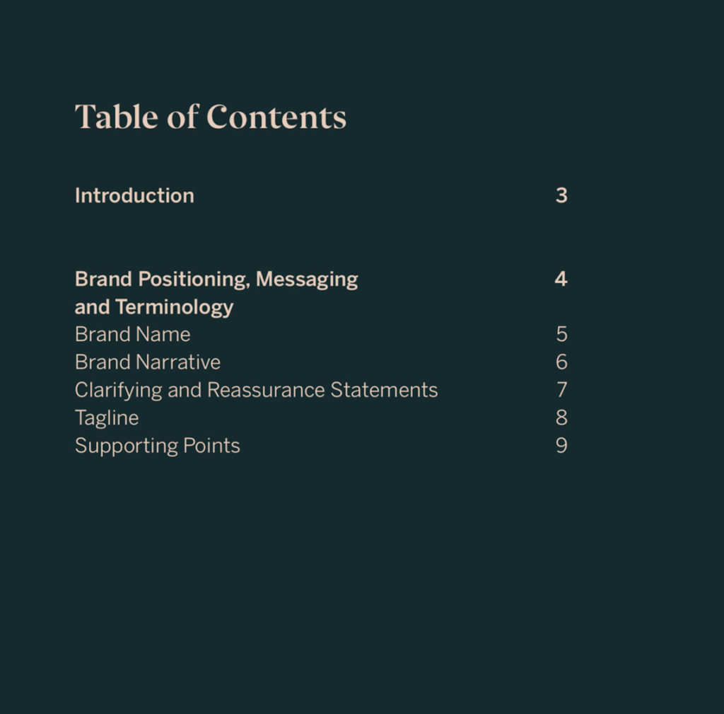 Example of a table of contents in a Brand Standards guide.