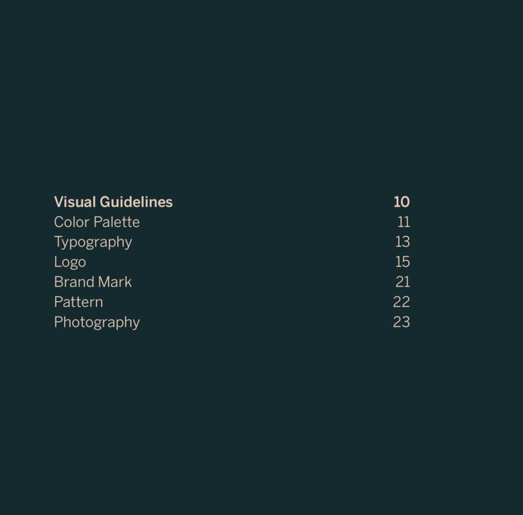 Example of a table of contents in a Brand Standards guide.