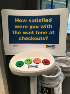 Ikea customer feedback sign that says "How satisfied were you with the wait time at checkouts?" as part of the company's customer experience design