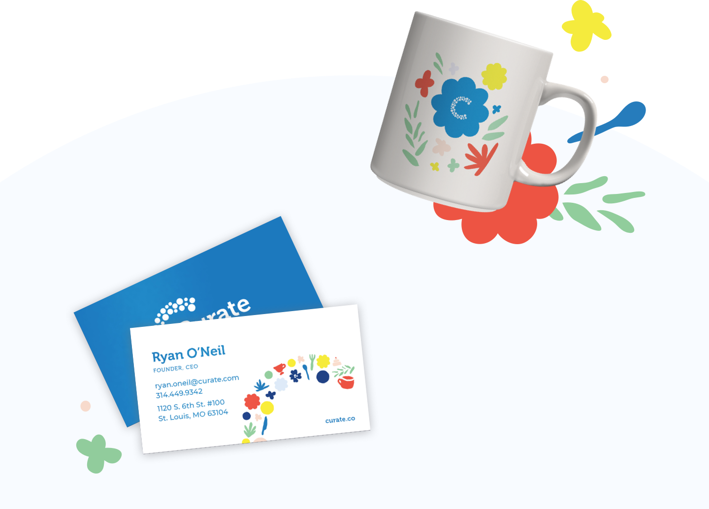Mug and business cards with Curate branding