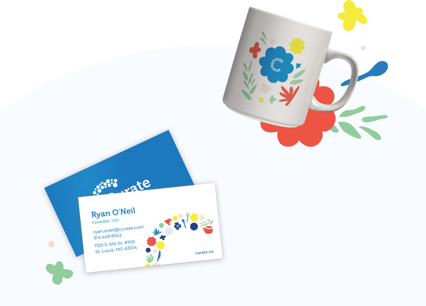 Mug and business cards with Curate branding