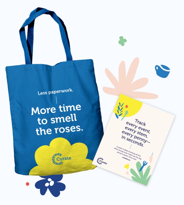 Curate tote bag and ad with text