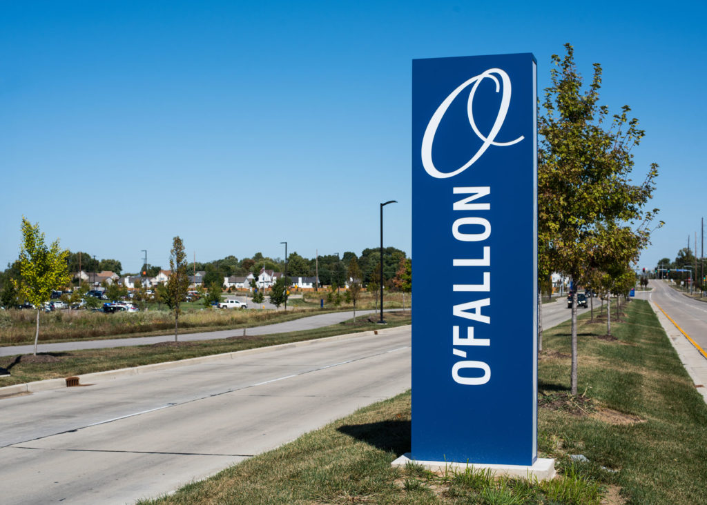 Tall blue O'Fallon sign in O'Fallon, Illinois