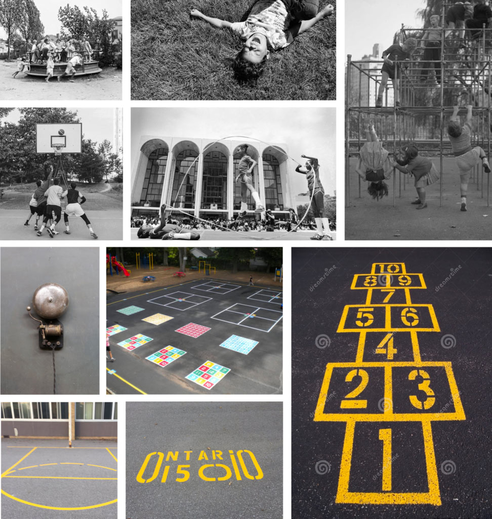 Early inspiration for Recess branding with black and white playground images
