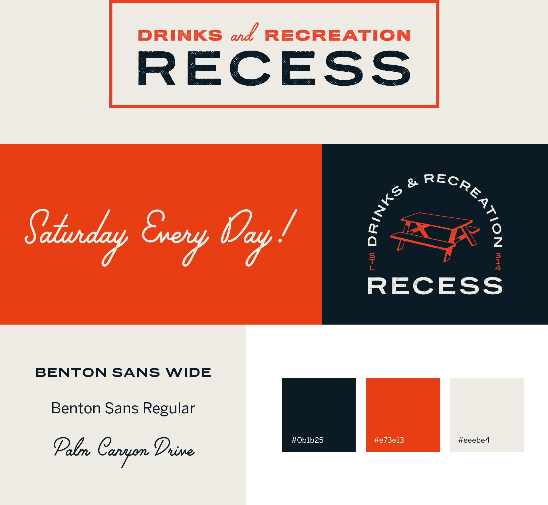 Recess brand identity with logo, brand colors, tagline and typefaces
