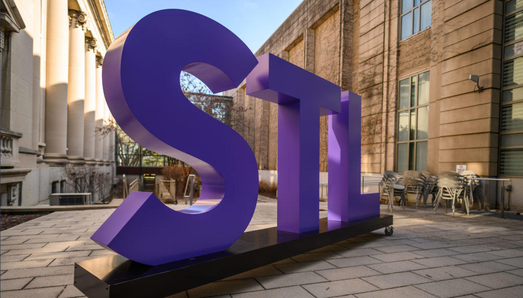 Large 3-D STL sign in the Missouri History Museum's Bernoudy Courtyard