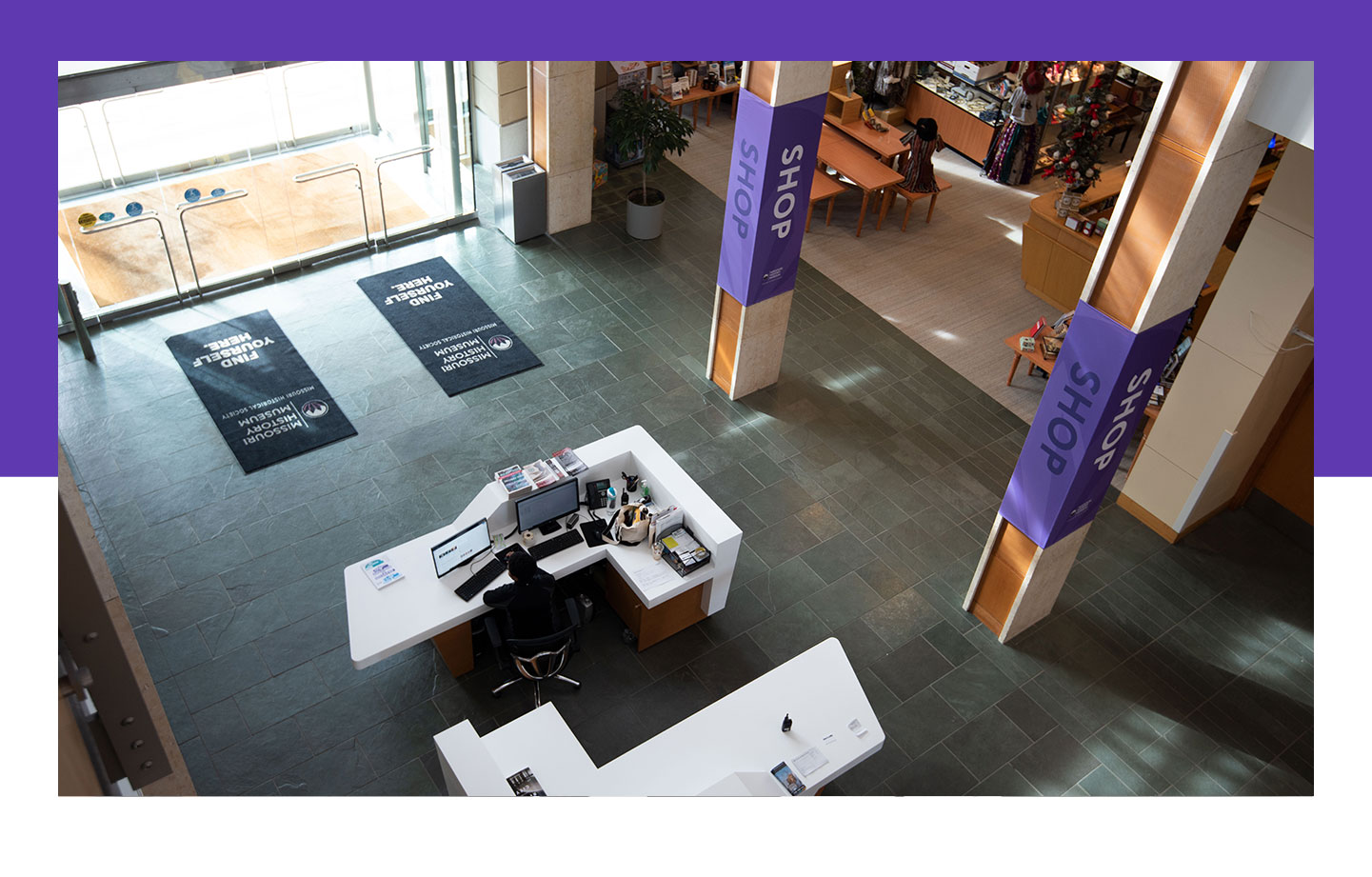 Aerial view of the Missouri History Museum's south entrance interior