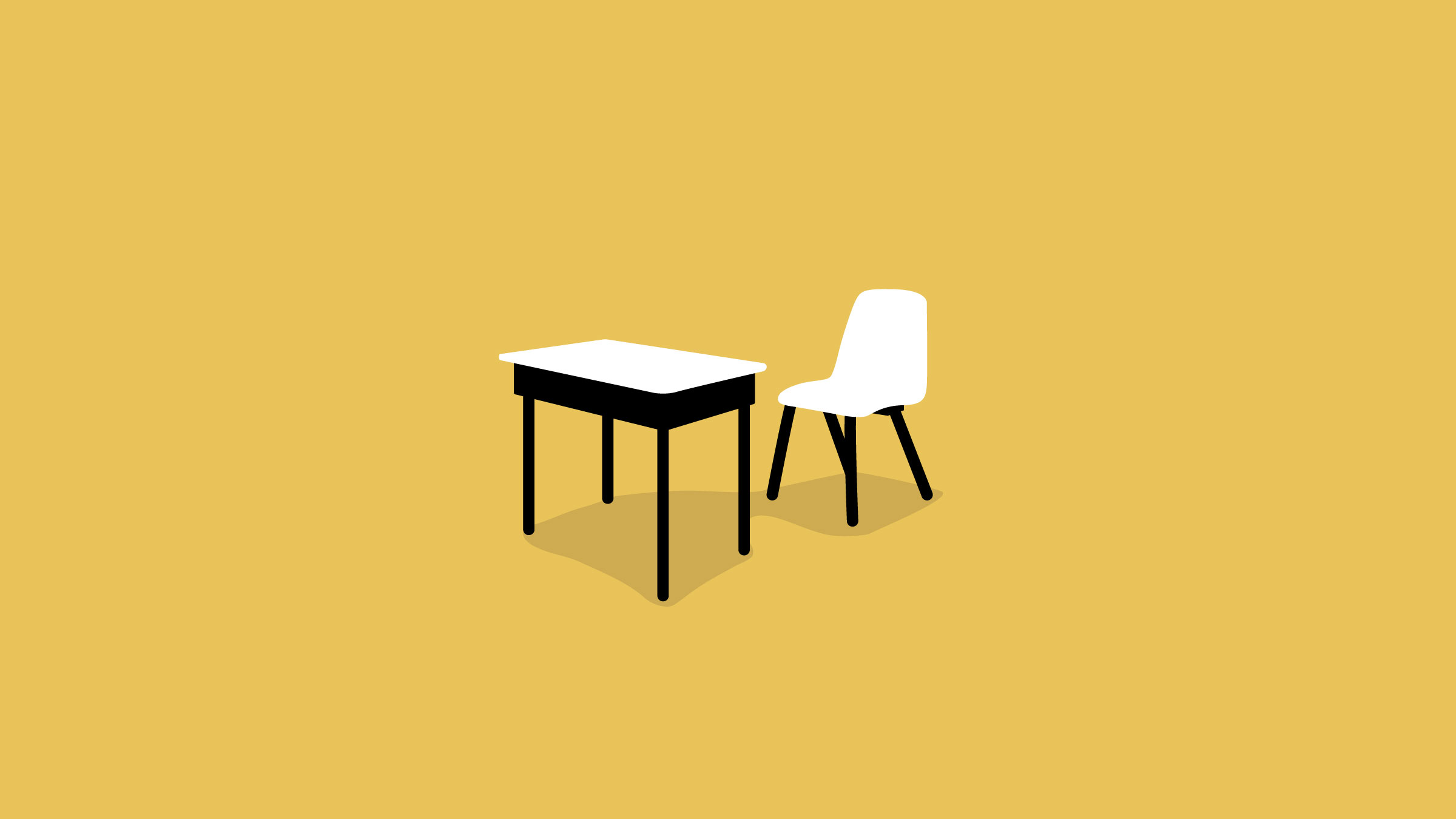 An illustration of an empty chair and desk against a blank background