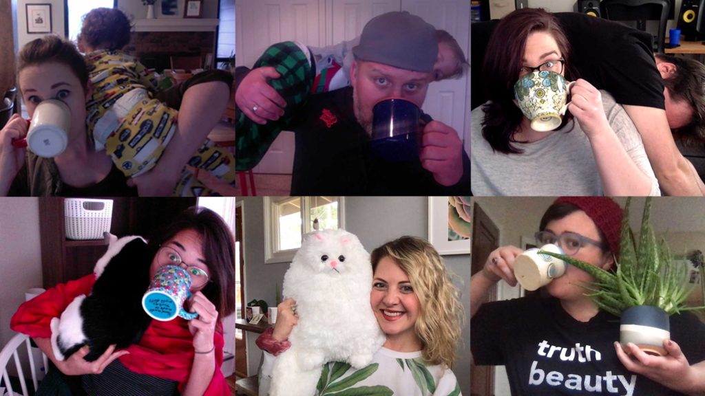 Images of the Atomicdust team working from home while wrangling kids, spouses and pets
