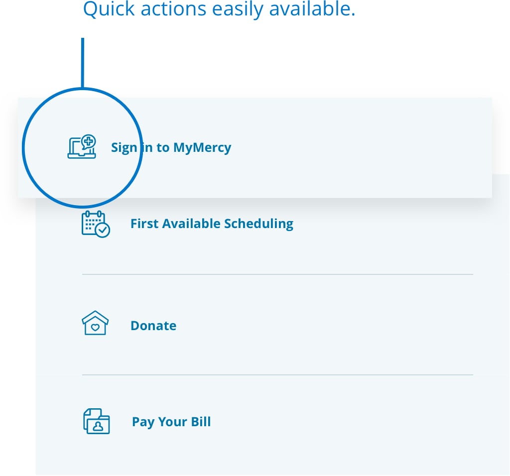 Quick actions on Mercy's website